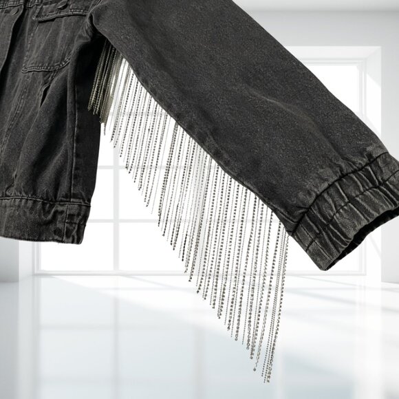 Le Lis Tassel Denim Jacket M | Black Wash Rhinestone Chain Fringe Cotton Western - Picture 6 of 16